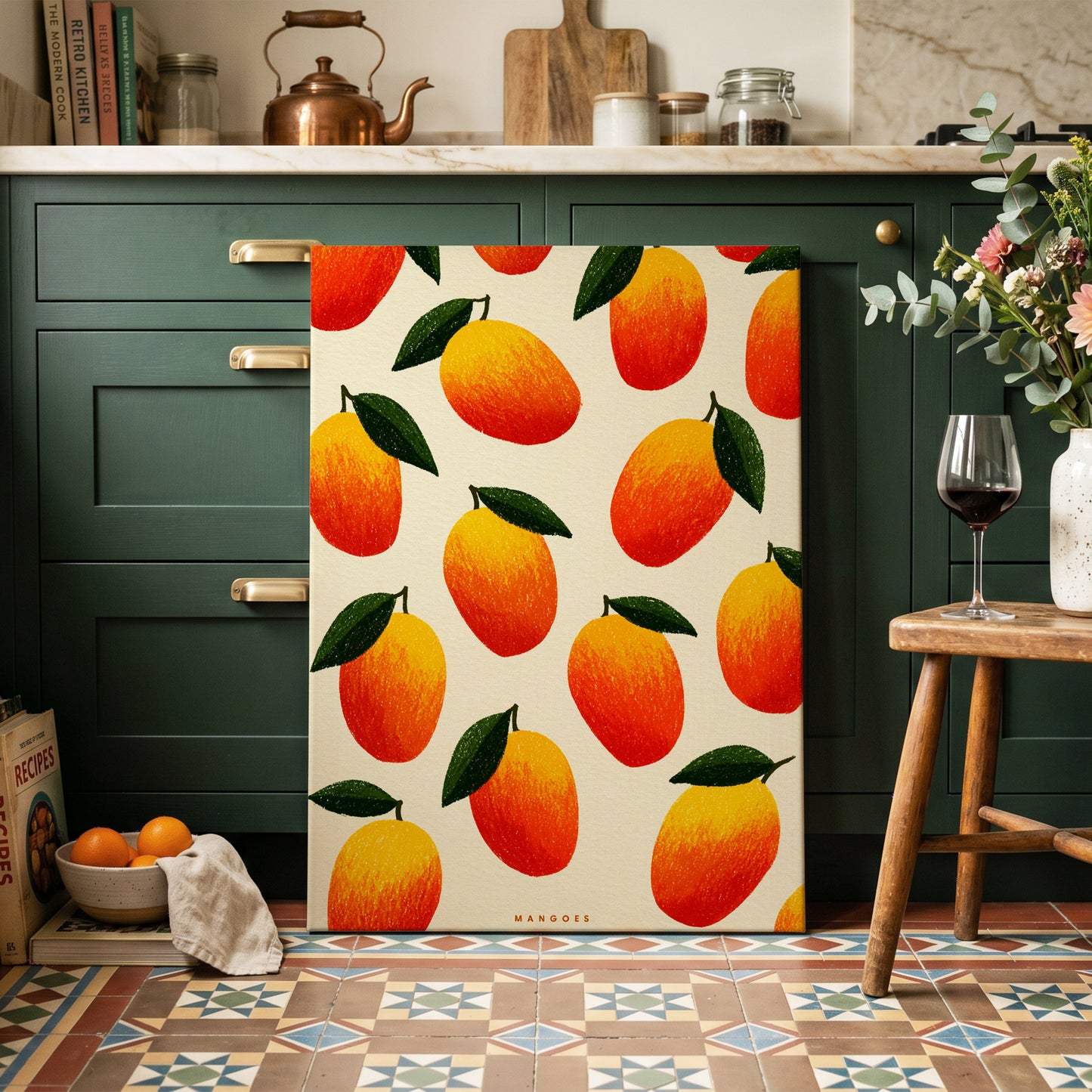 Mango Rhythm, orange, red, yellow nature wall art on canvas displayed in a styled interior, gallery view 2