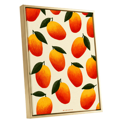 Mango Rhythm, orange, red, yellow nature wall art shown as a gold framed canvas wall art