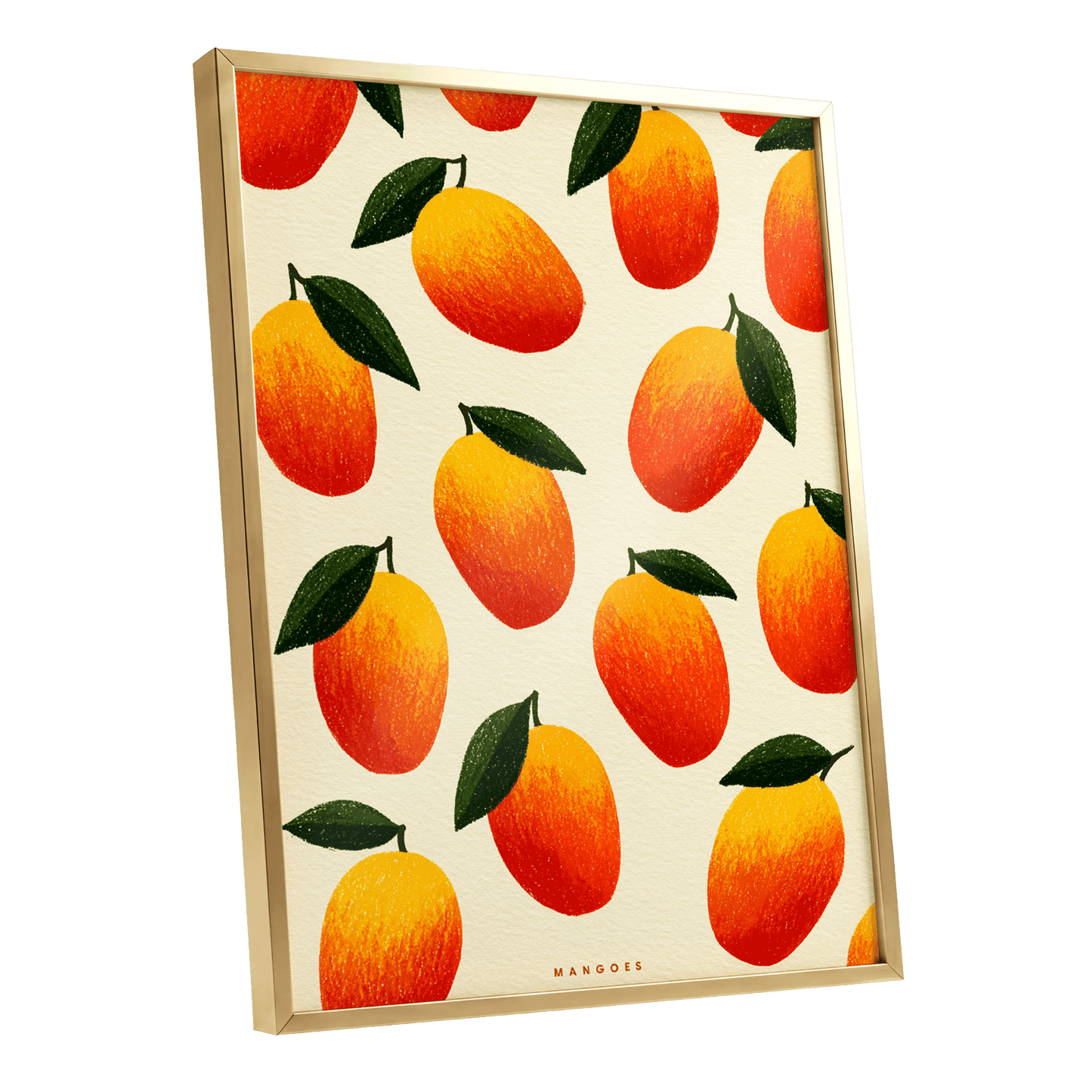 Mango Rhythm, orange, red, yellow nature wall art shown as a gold framed poster wall art print
