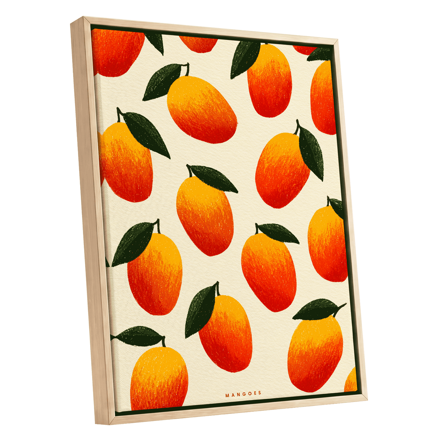 Mango Rhythm, orange, red, yellow nature wall art shown as a oak framed canvas wall art