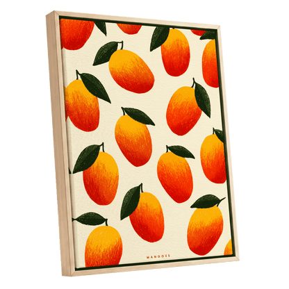 Mango Rhythm, orange, red, yellow nature wall art shown as a oak framed canvas wall art
