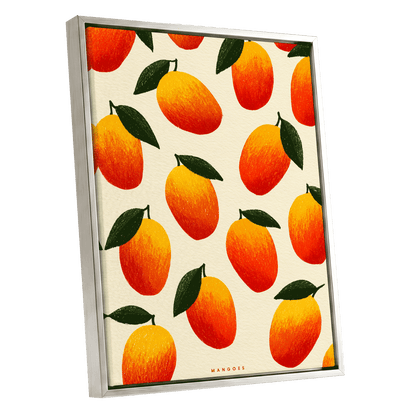 Mango Rhythm, orange, red, yellow nature wall art shown as a silver framed canvas wall art