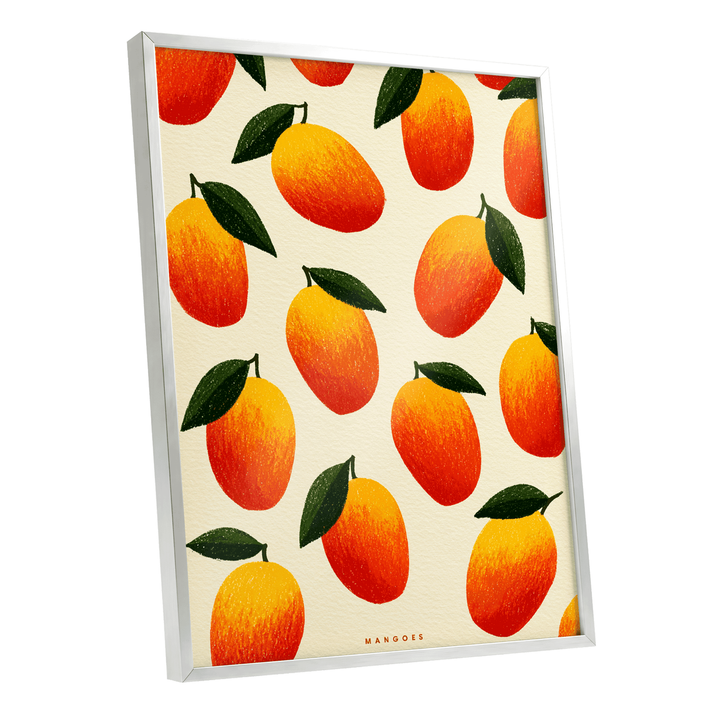 Mango Rhythm, orange, red, yellow nature wall art shown as a silver framed poster wall art print