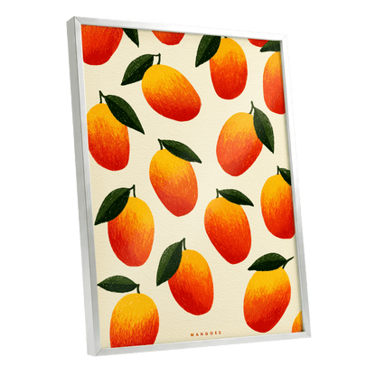 Mango Rhythm, orange, red, yellow nature wall art shown as a silver framed poster wall art print