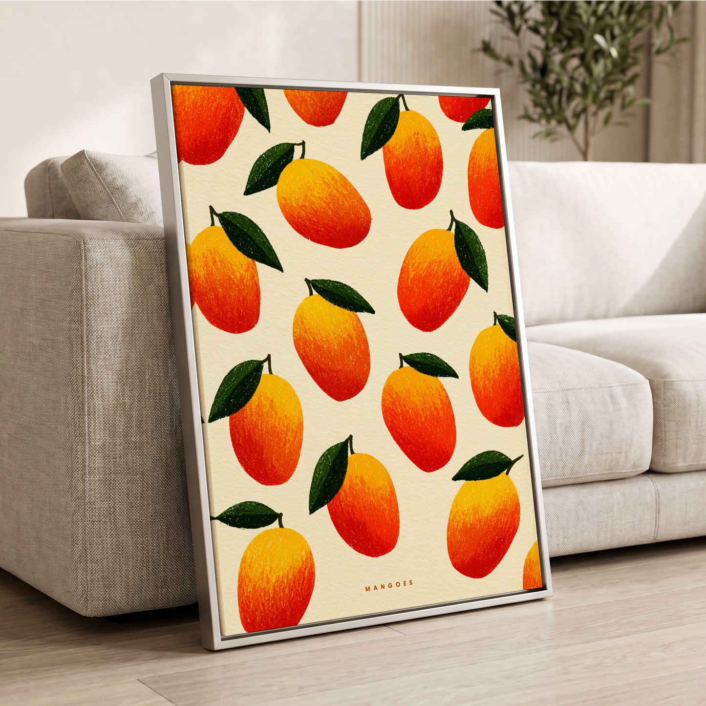 Mango Rhythm, orange, red, yellow nature wall art displayed in a styled interior, gallery view 2