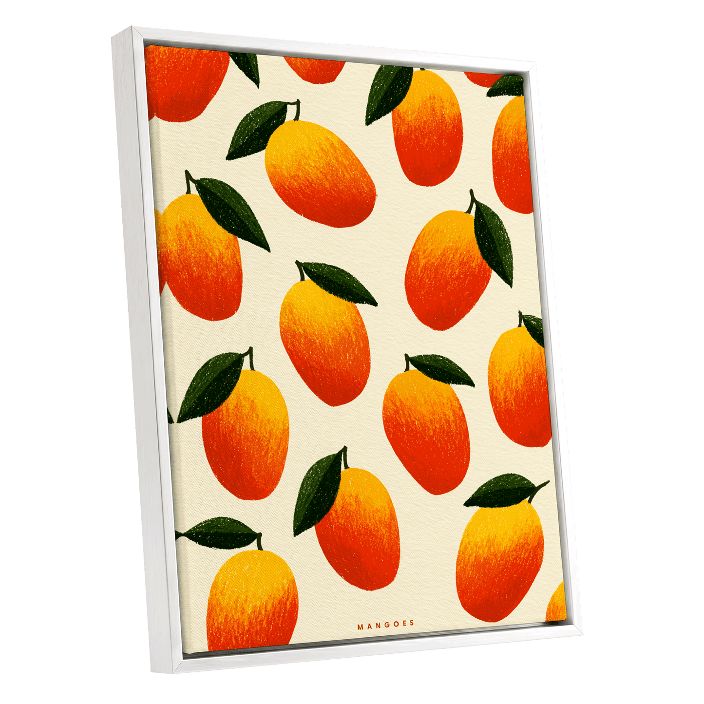 Mango Rhythm, orange, red, yellow nature wall art shown as a white framed canvas wall art
