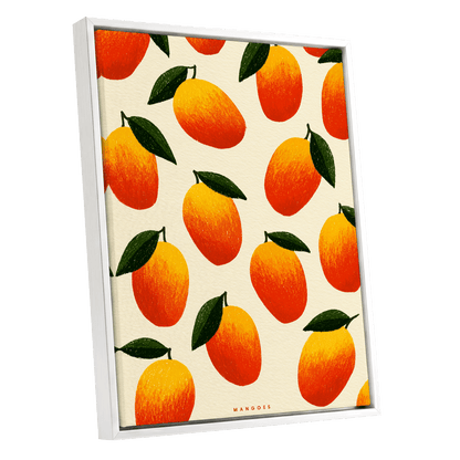 Mango Rhythm, orange, red, yellow nature wall art shown as a white framed canvas wall art
