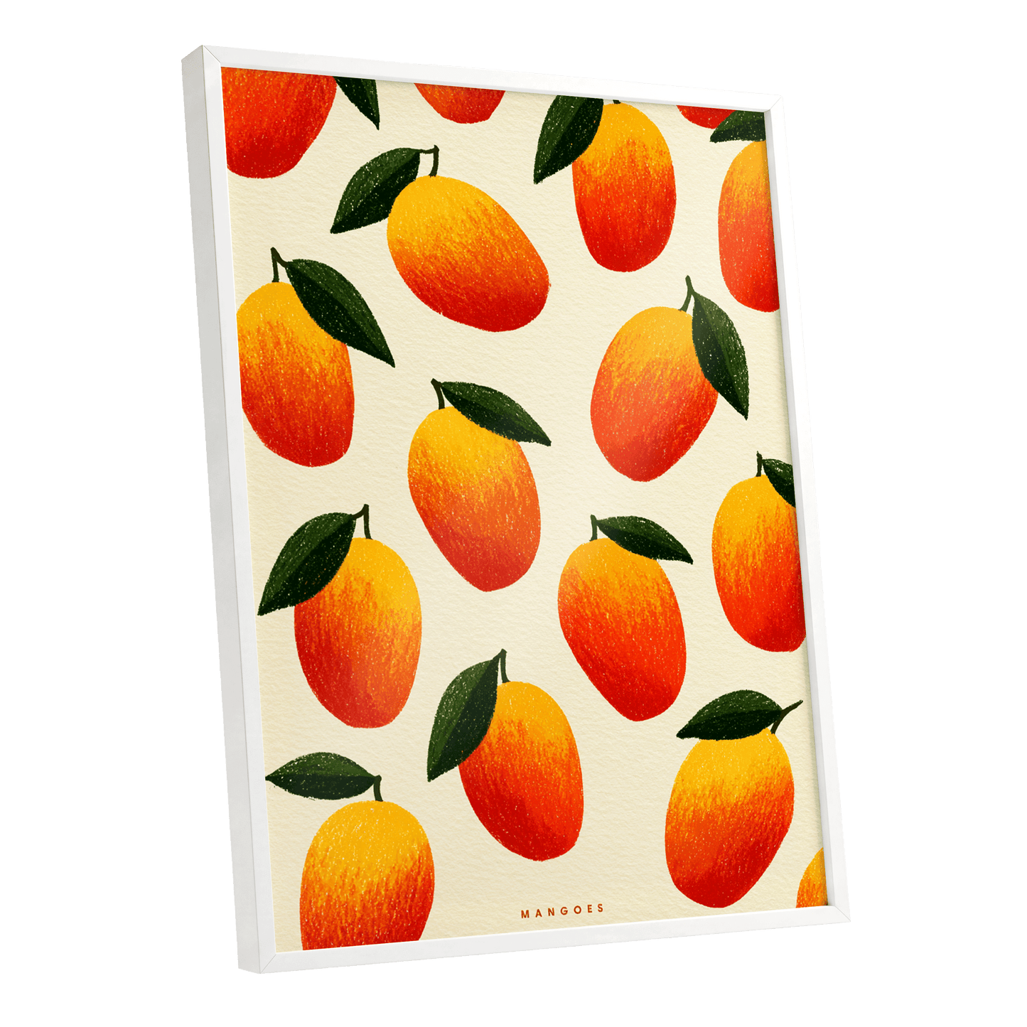 Mango Rhythm, orange, red, yellow nature wall art shown as a white framed poster wall art print
