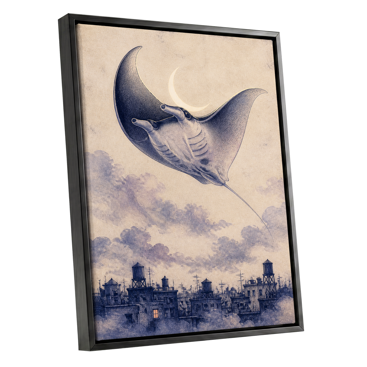 Manta Above the Rooftops, beige, blue, gray nature wall art shown as a black framed canvas wall art