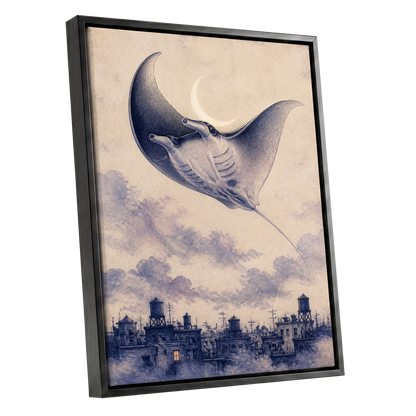 Manta Above the Rooftops, beige, blue, gray nature wall art shown as a black framed canvas wall art