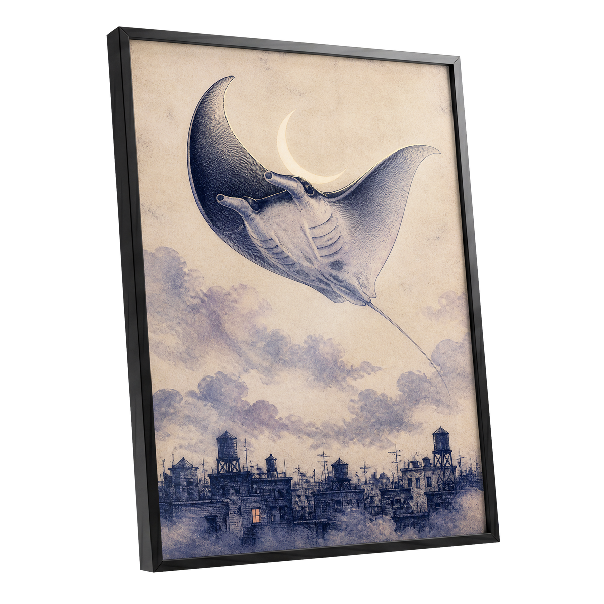 Manta Above the Rooftops, beige, blue, gray nature wall art shown as a black framed poster wall art print