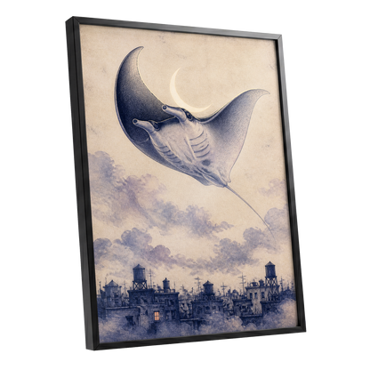 Manta Above the Rooftops, beige, blue, gray nature wall art shown as a black framed poster wall art print