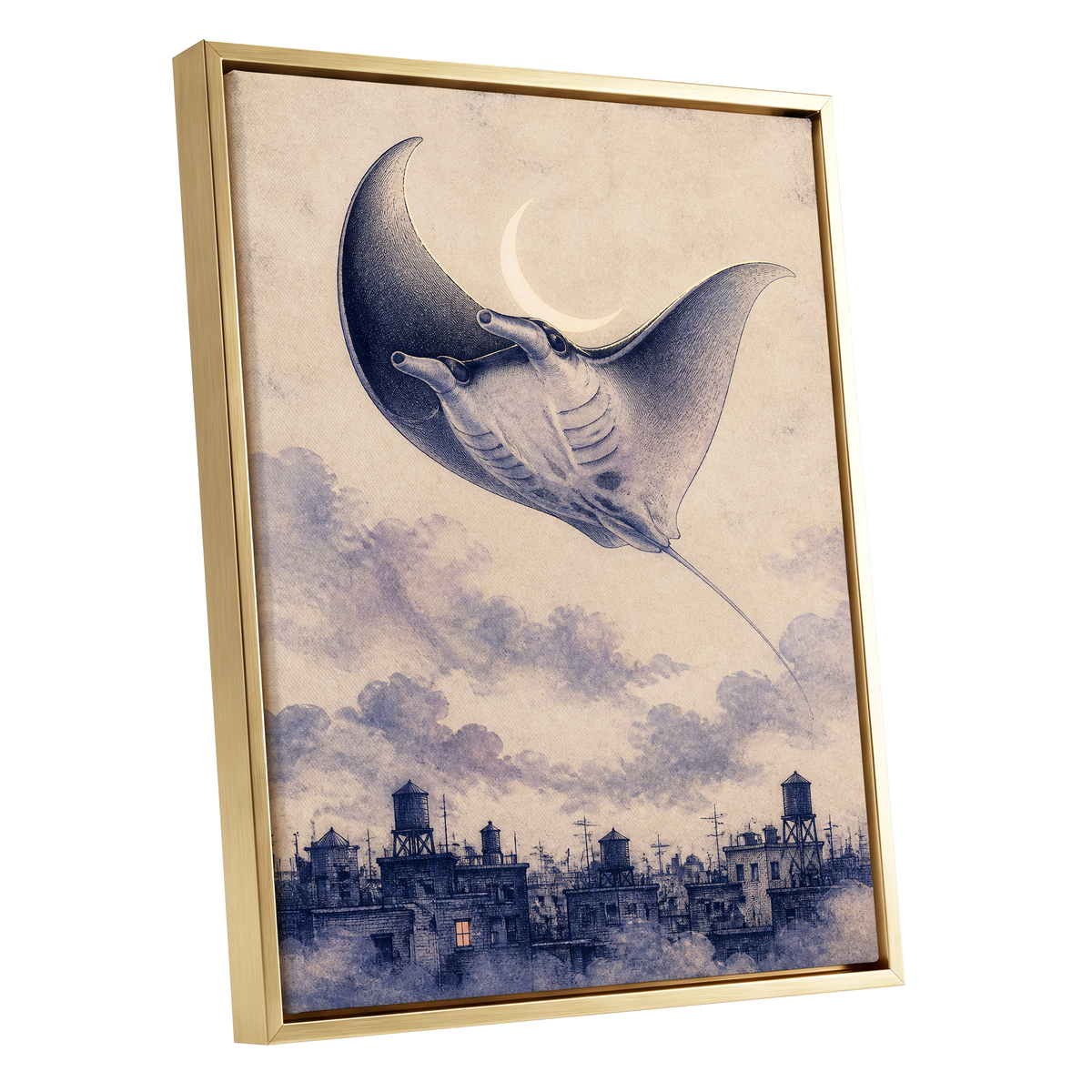 Manta Above the Rooftops, beige, blue, gray nature wall art shown as a gold framed canvas wall art