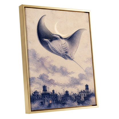Manta Above the Rooftops, beige, blue, gray nature wall art shown as a gold framed canvas wall art