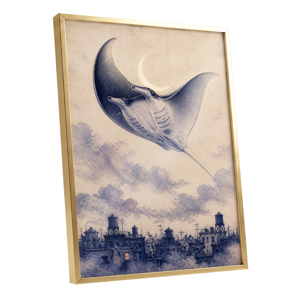 Manta Above the Rooftops, beige, blue, gray nature wall art shown as a gold framed poster wall art print