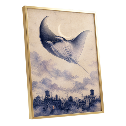 Manta Above the Rooftops, beige, blue, gray nature wall art shown as a gold framed poster wall art print
