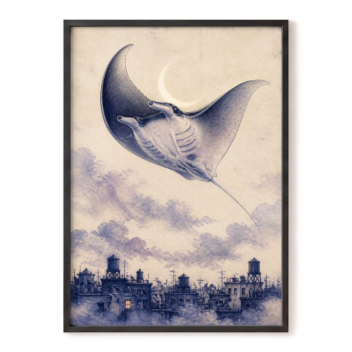 Manta Above the Rooftops, beige, blue, gray nature wall art, front artwork view