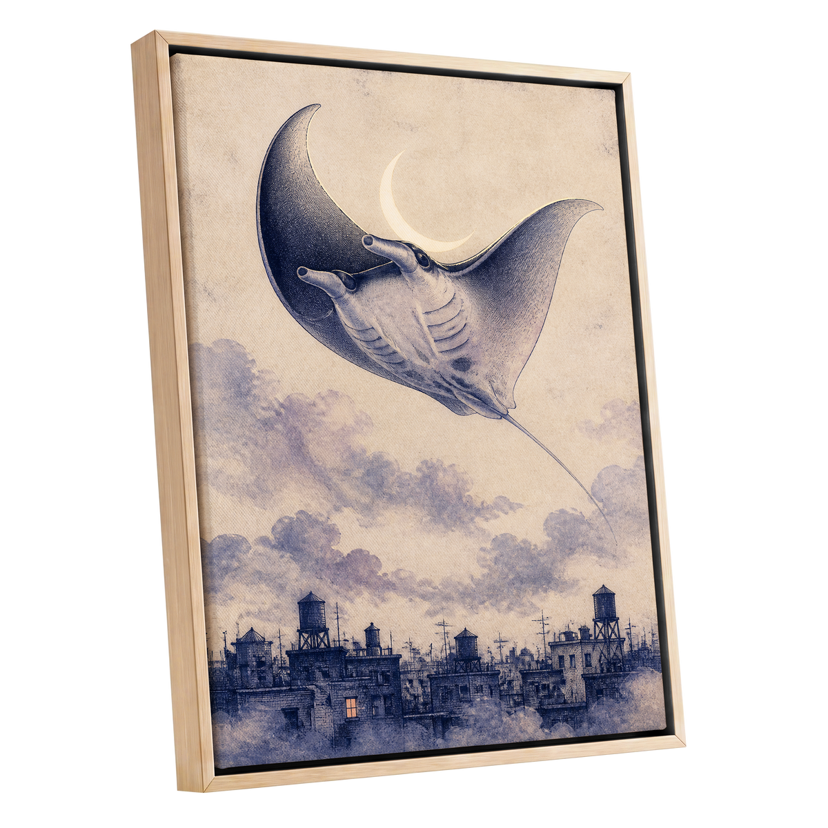 Manta Above the Rooftops, beige, blue, gray nature wall art shown as a oak framed canvas wall art
