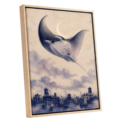 Manta Above the Rooftops, beige, blue, gray nature wall art shown as a oak framed canvas wall art