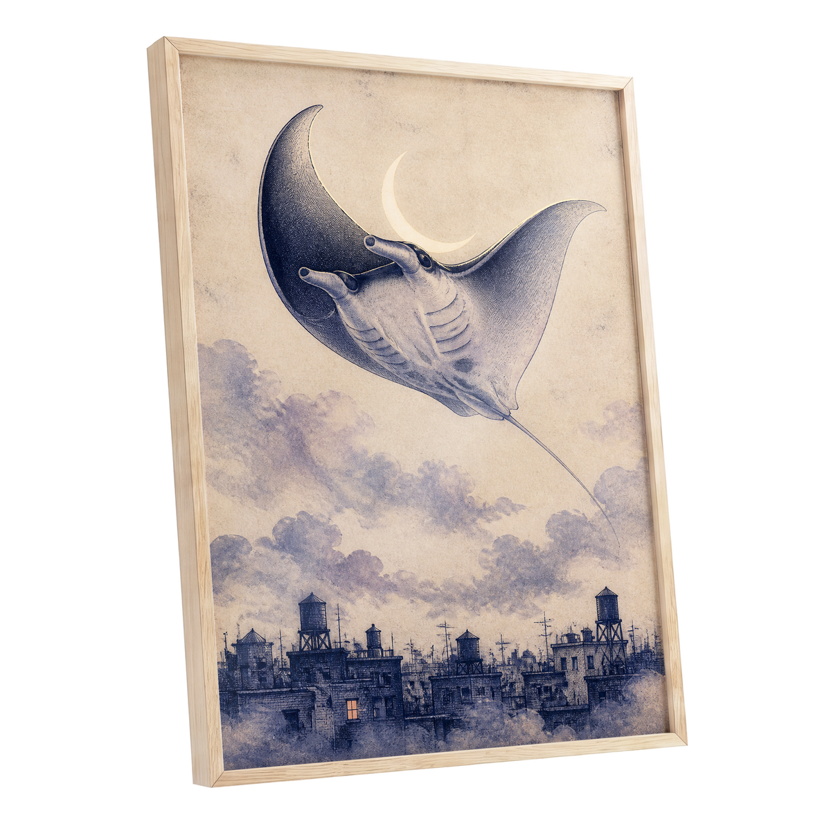 Manta Above the Rooftops, beige, blue, gray nature wall art shown as a oak framed poster wall art print