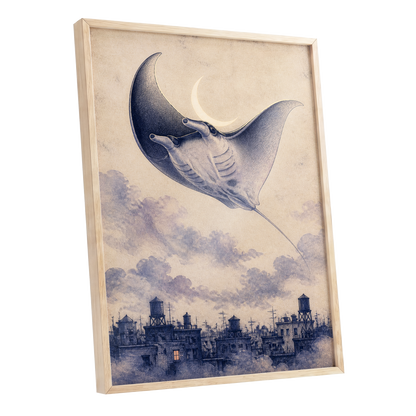 Manta Above the Rooftops, beige, blue, gray nature wall art shown as a oak framed poster wall art print
