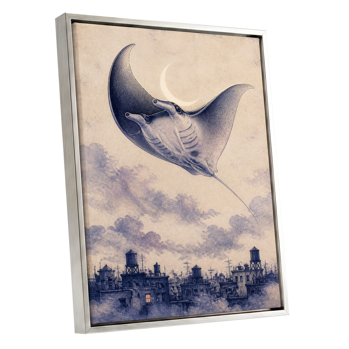 Manta Above the Rooftops, beige, blue, gray nature wall art shown as a silver framed canvas wall art