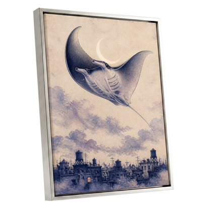 Manta Above the Rooftops, beige, blue, gray nature wall art shown as a silver framed canvas wall art