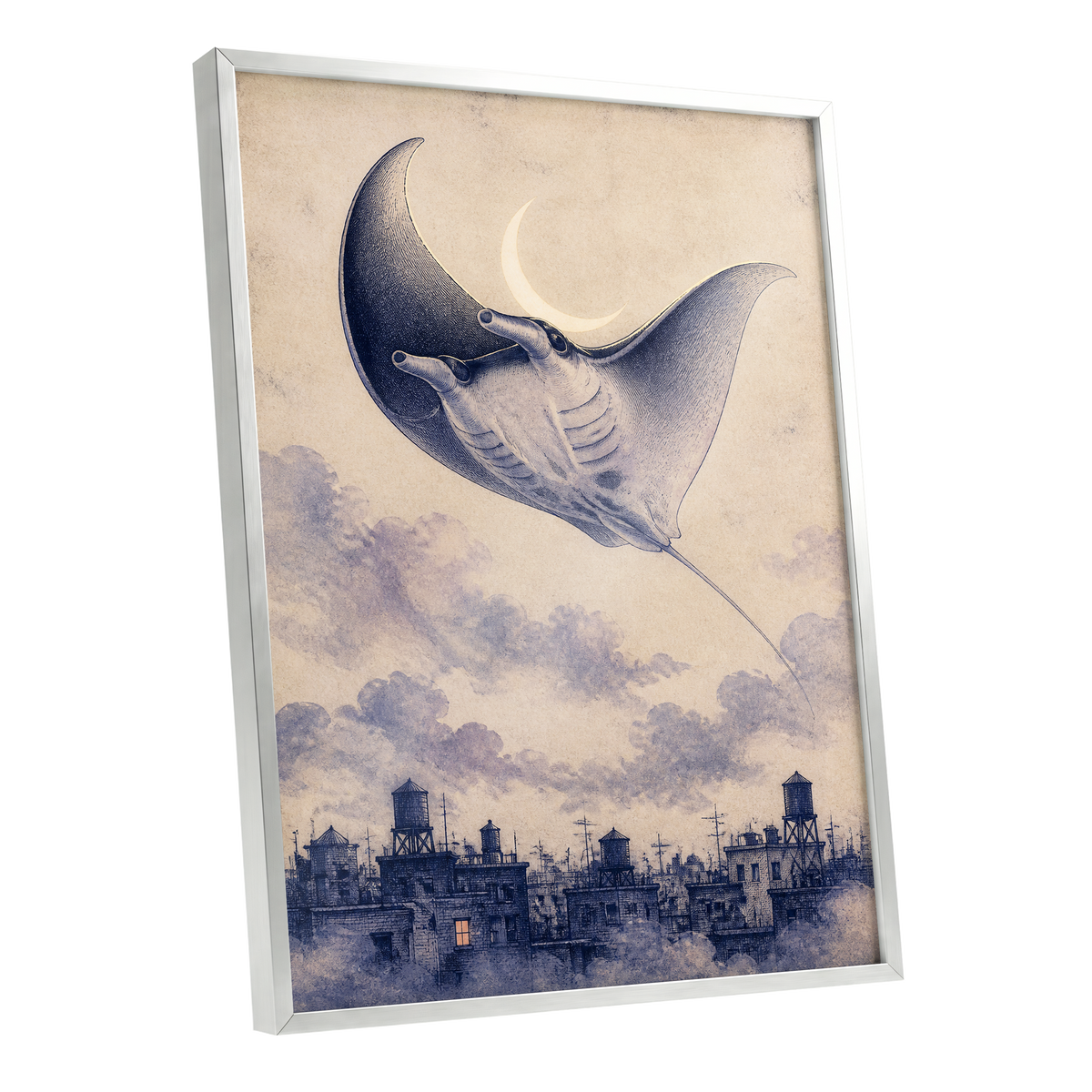 Manta Above the Rooftops, beige, blue, gray nature wall art shown as a silver framed poster wall art print