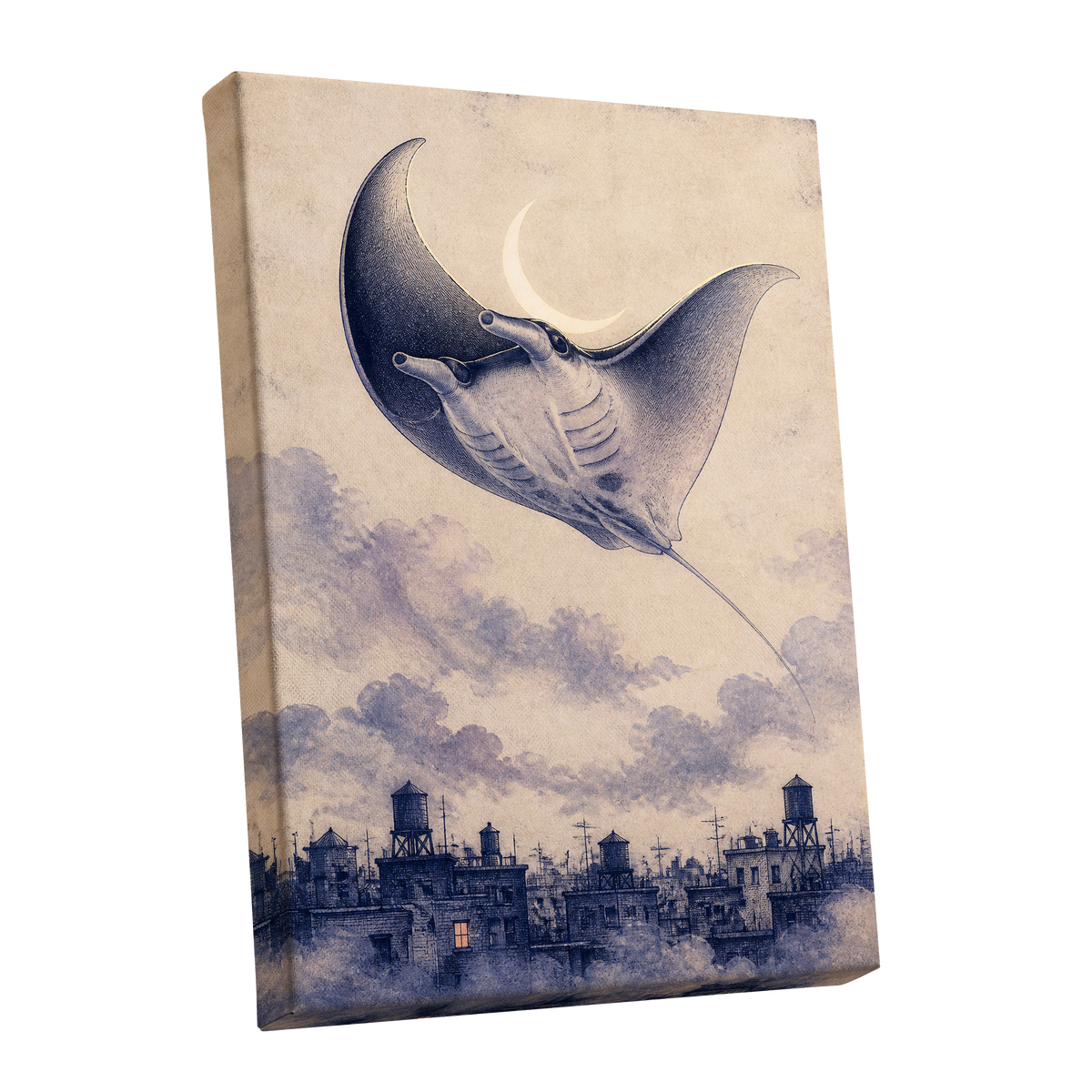 Manta Above the Rooftops, beige, blue, gray nature wall art shown as a stretched canvas wall art