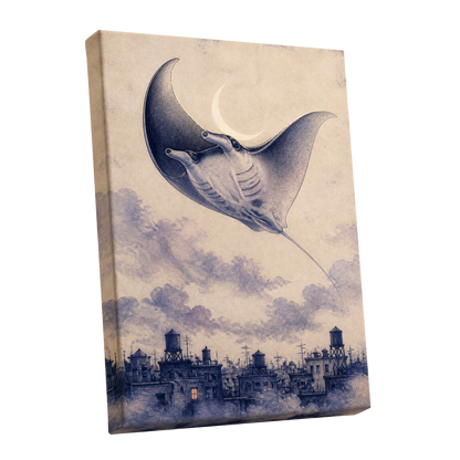 Manta Above the Rooftops, beige, blue, gray nature wall art shown as a stretched canvas wall art