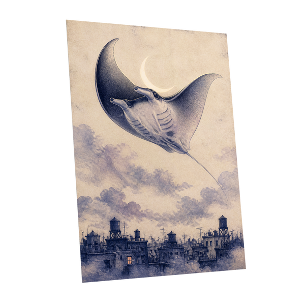 Manta Above the Rooftops, beige, blue, gray nature wall art shown as a unframed poster wall art print