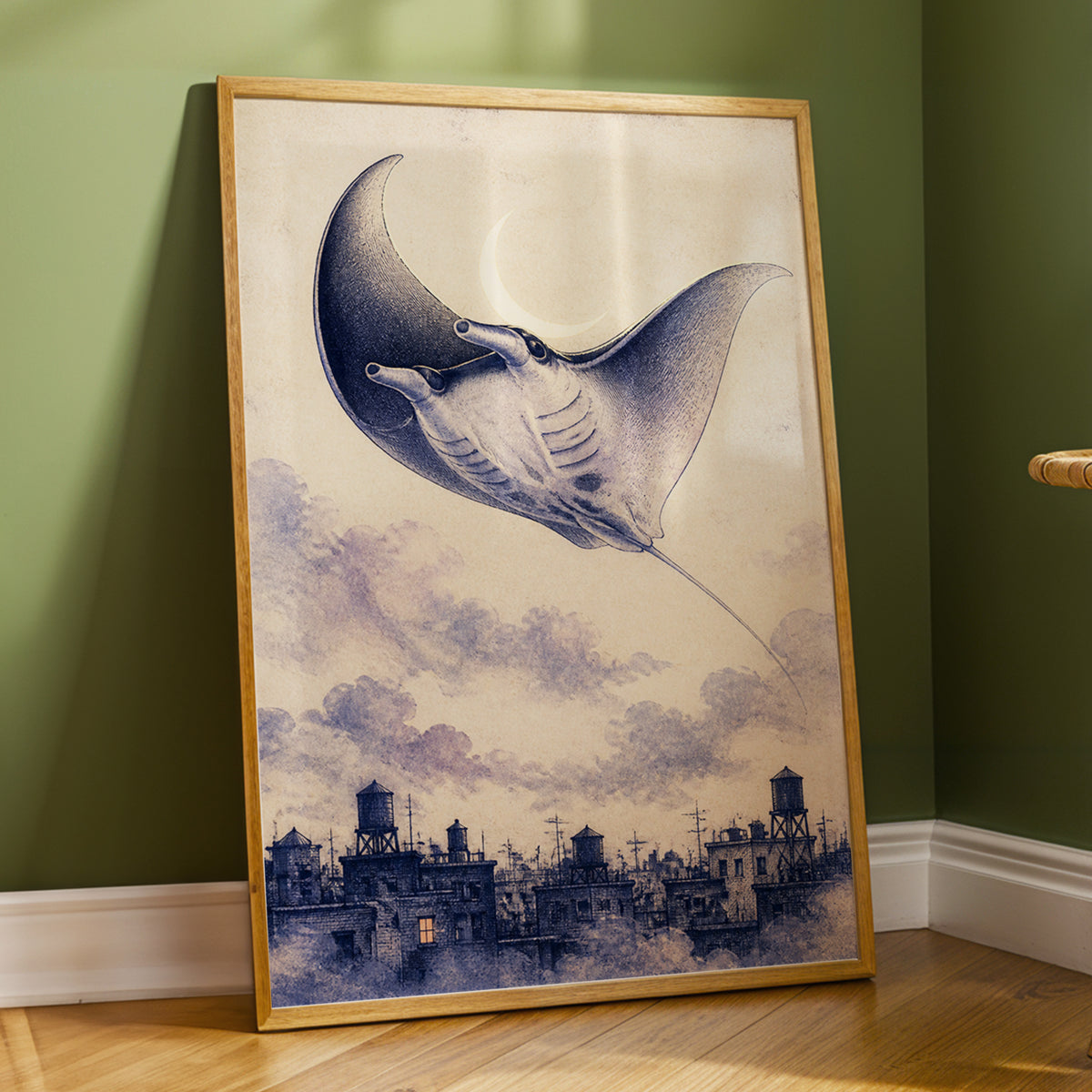 Manta Above the Rooftops, beige, blue, gray nature wall art displayed in a styled interior, gallery view 2