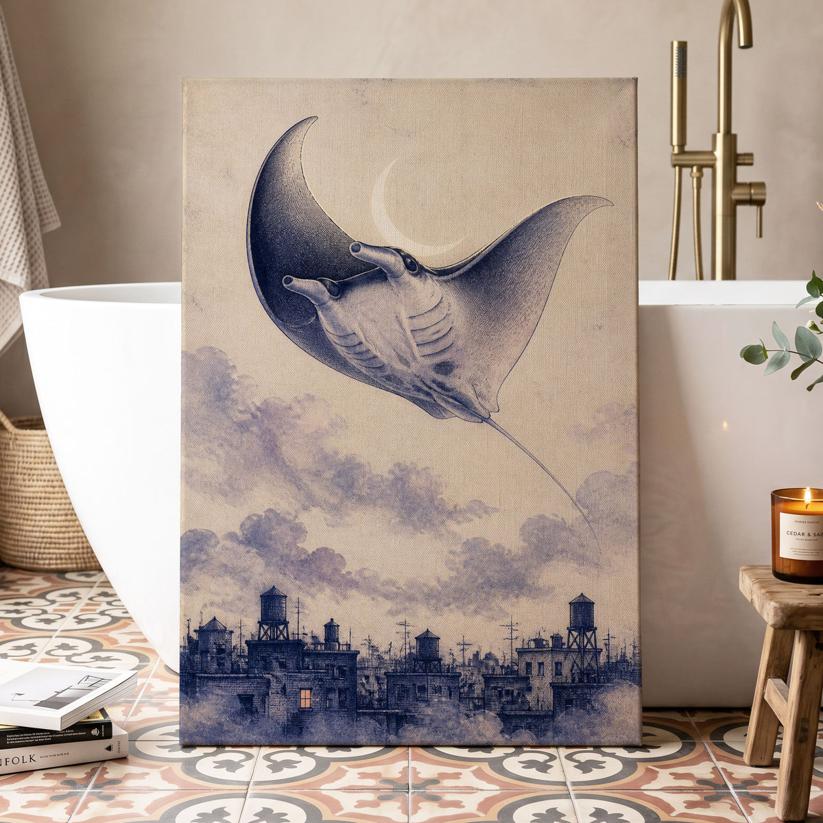 Manta Above the Rooftops, beige, blue, gray nature wall art displayed in a styled interior, gallery view 3