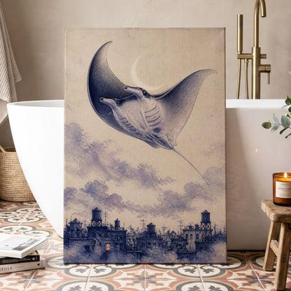 Manta Above the Rooftops, beige, blue, gray nature wall art displayed in a styled interior, gallery view 3