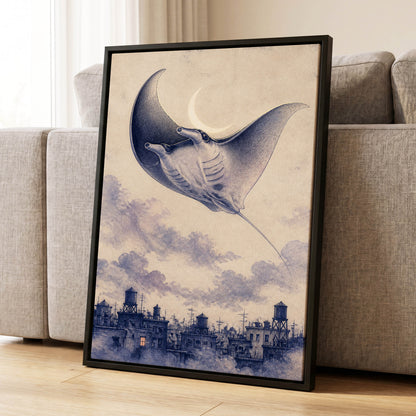 Manta Above the Rooftops, beige, blue, gray nature wall art displayed in a styled interior, gallery view 4