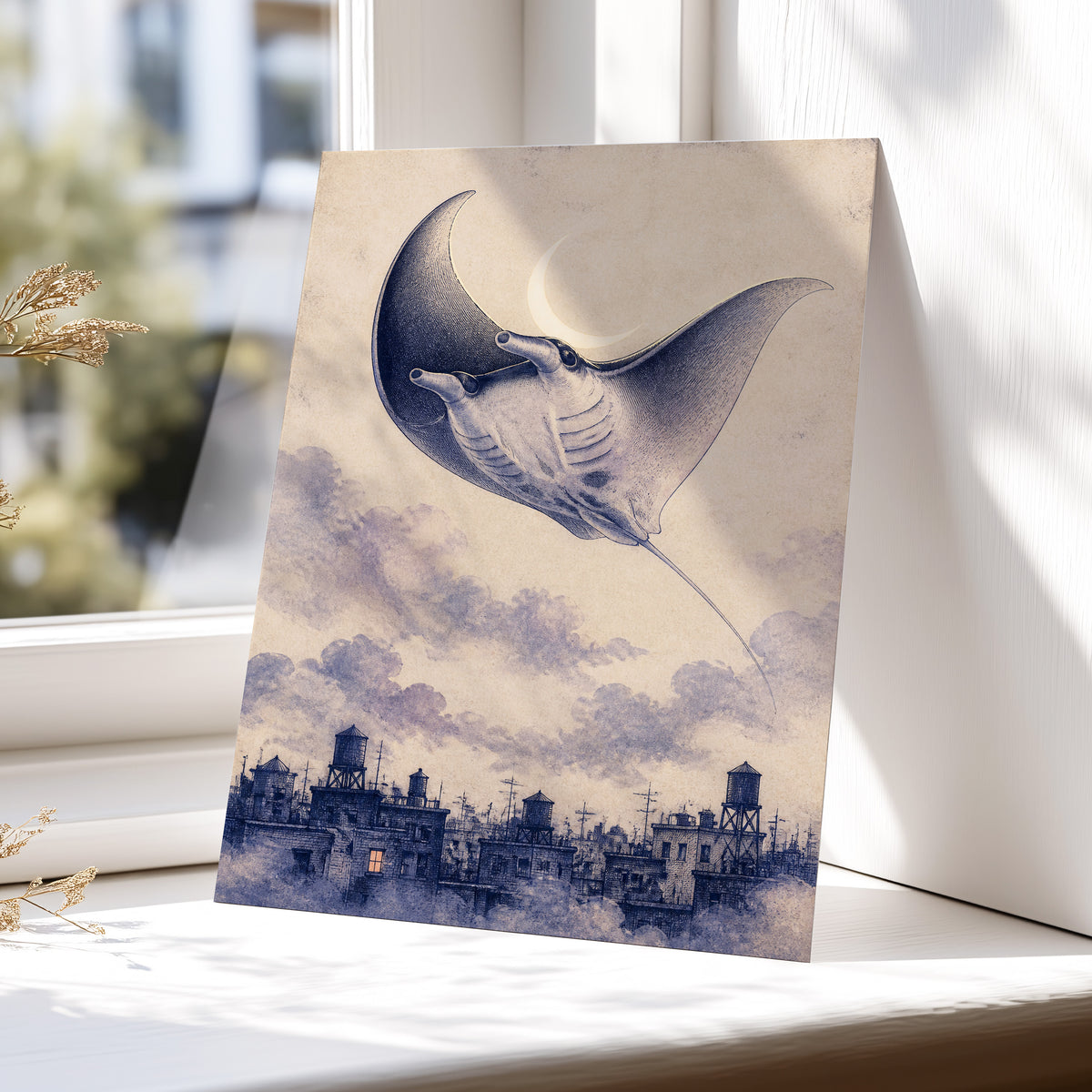Manta Above the Rooftops, beige, blue, gray nature wall art displayed in a styled interior, gallery view 5