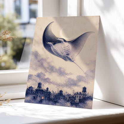 Manta Above the Rooftops, beige, blue, gray nature wall art displayed in a styled interior, gallery view 5