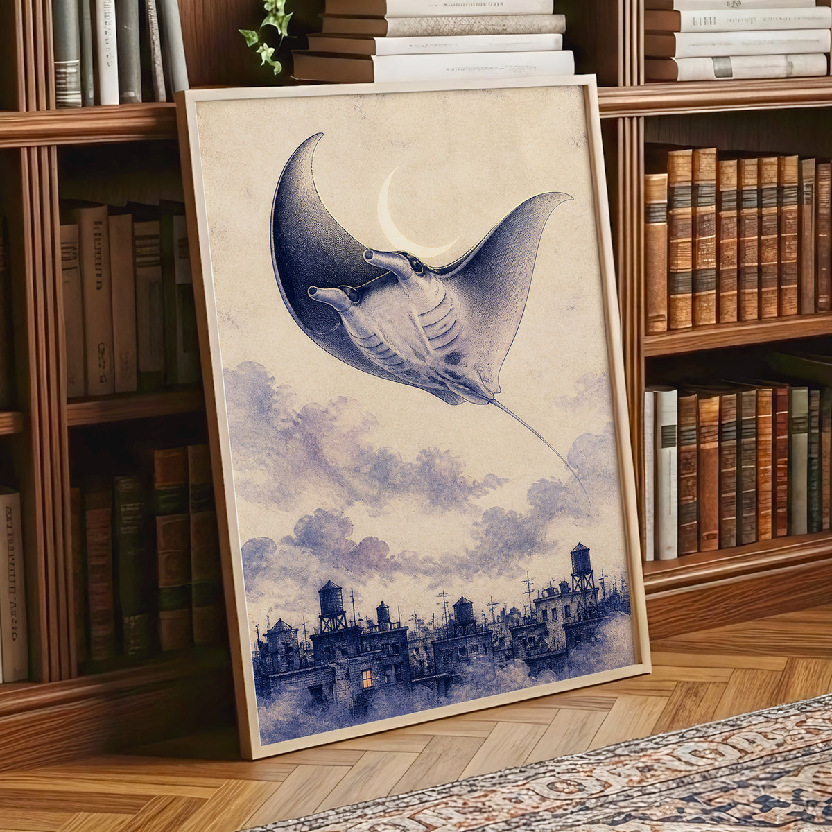 Manta Above the Rooftops, beige, blue, gray nature wall art displayed in a styled interior, gallery view 6