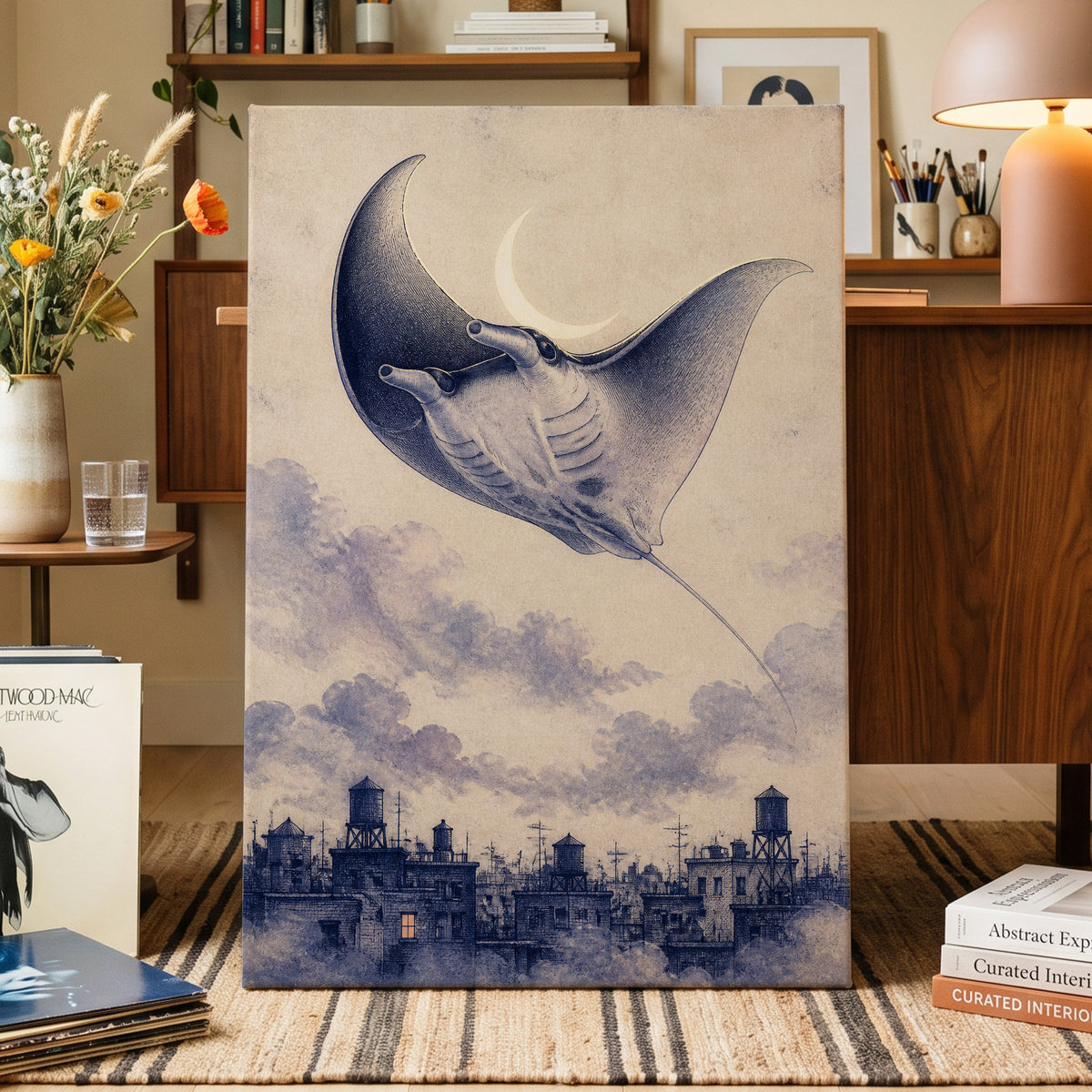 Manta Above the Rooftops, beige, blue, gray nature wall art displayed in a styled interior, gallery view 7