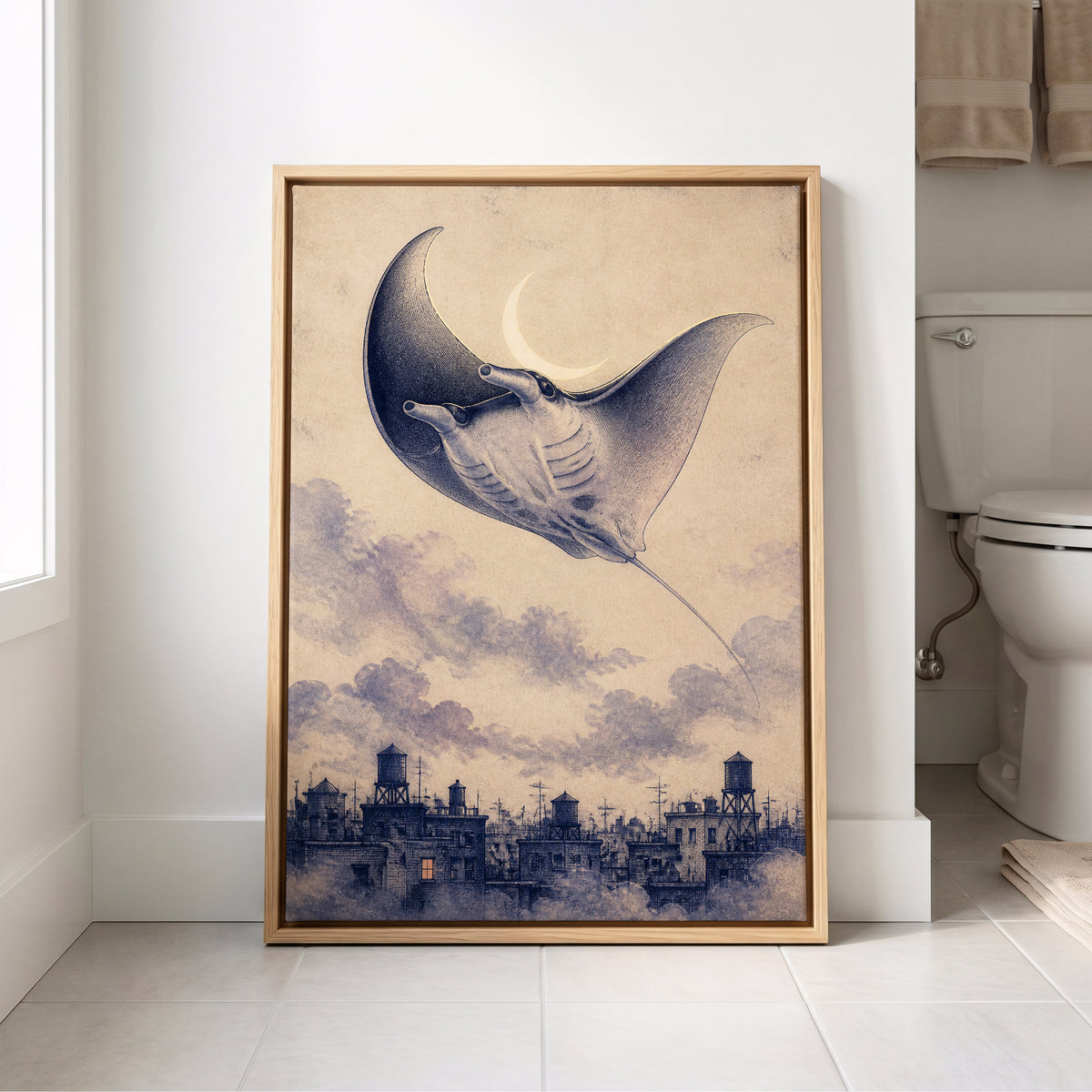 Manta Above the Rooftops, beige, blue, gray nature wall art displayed in a styled interior, gallery view 8