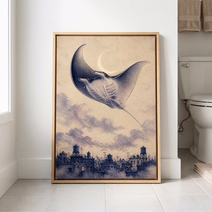 Manta Above the Rooftops, beige, blue, gray nature wall art displayed in a styled interior, gallery view 8