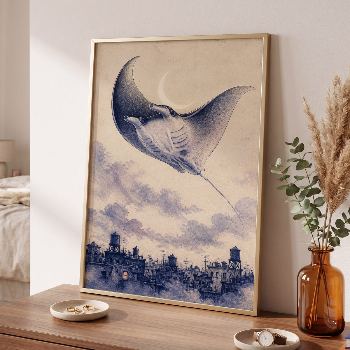 Manta Above the Rooftops, beige, blue, gray nature wall art displayed in a styled interior, gallery view 9