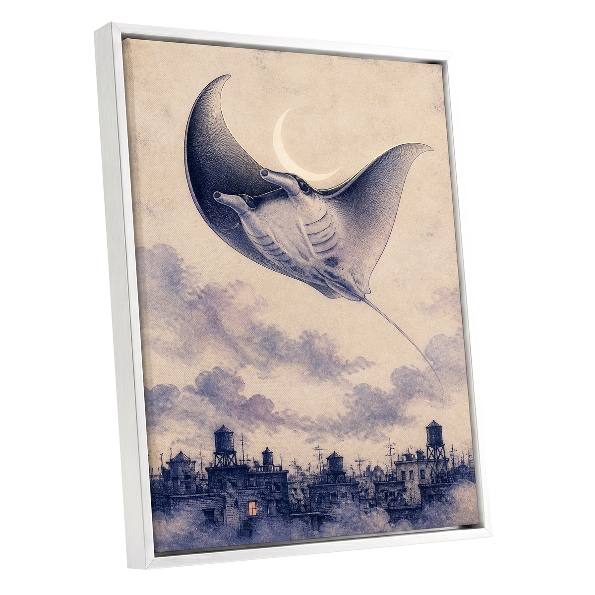 Manta Above the Rooftops, beige, blue, gray nature wall art shown as a white framed canvas wall art