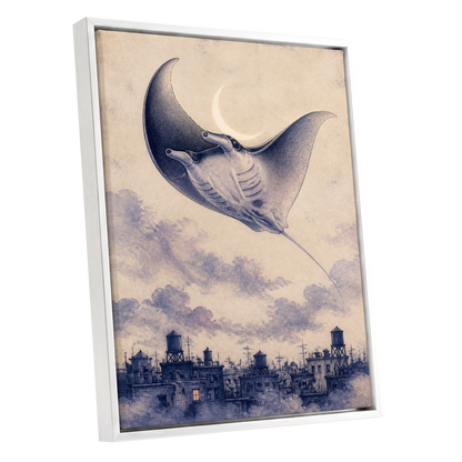 Manta Above the Rooftops, beige, blue, gray nature wall art shown as a white framed canvas wall art