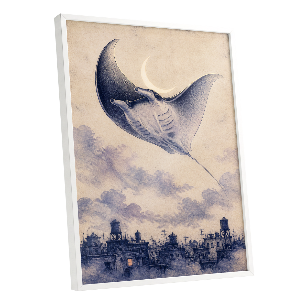 Manta Above the Rooftops, beige, blue, gray nature wall art shown as a white framed poster wall art print