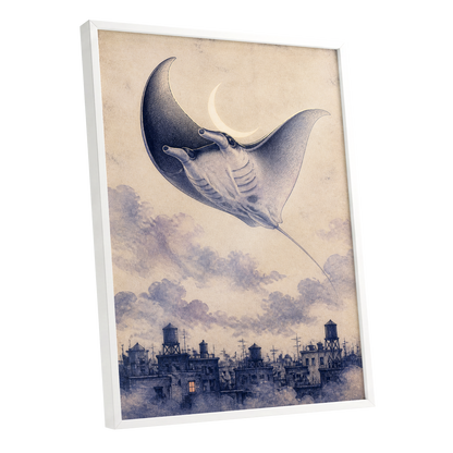 Manta Above the Rooftops, beige, blue, gray nature wall art shown as a white framed poster wall art print