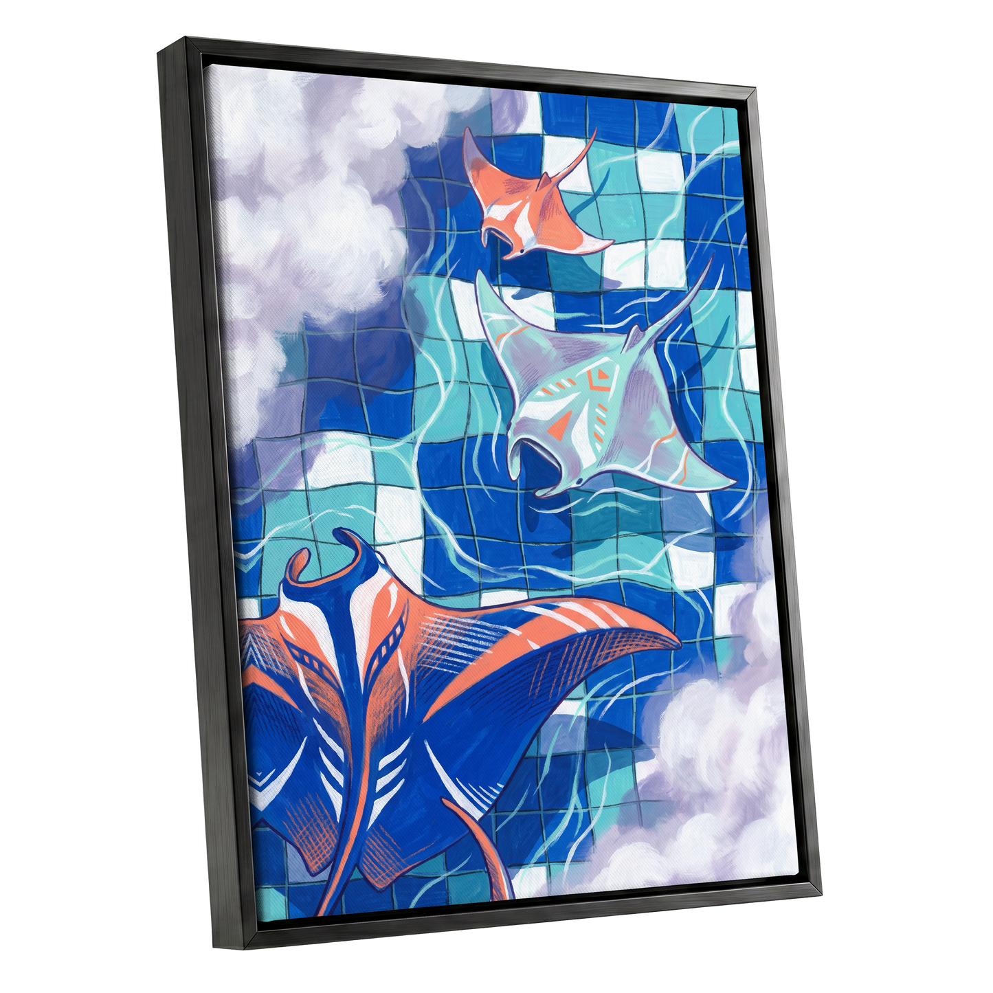 Manta Mosaic, blue, green, orange nature wall art shown as a black framed canvas wall art
