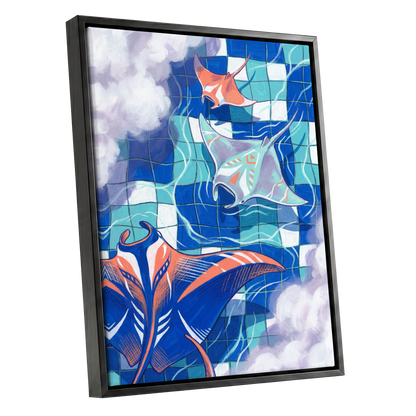 Manta Mosaic, blue, green, orange nature wall art shown as a black framed canvas wall art
