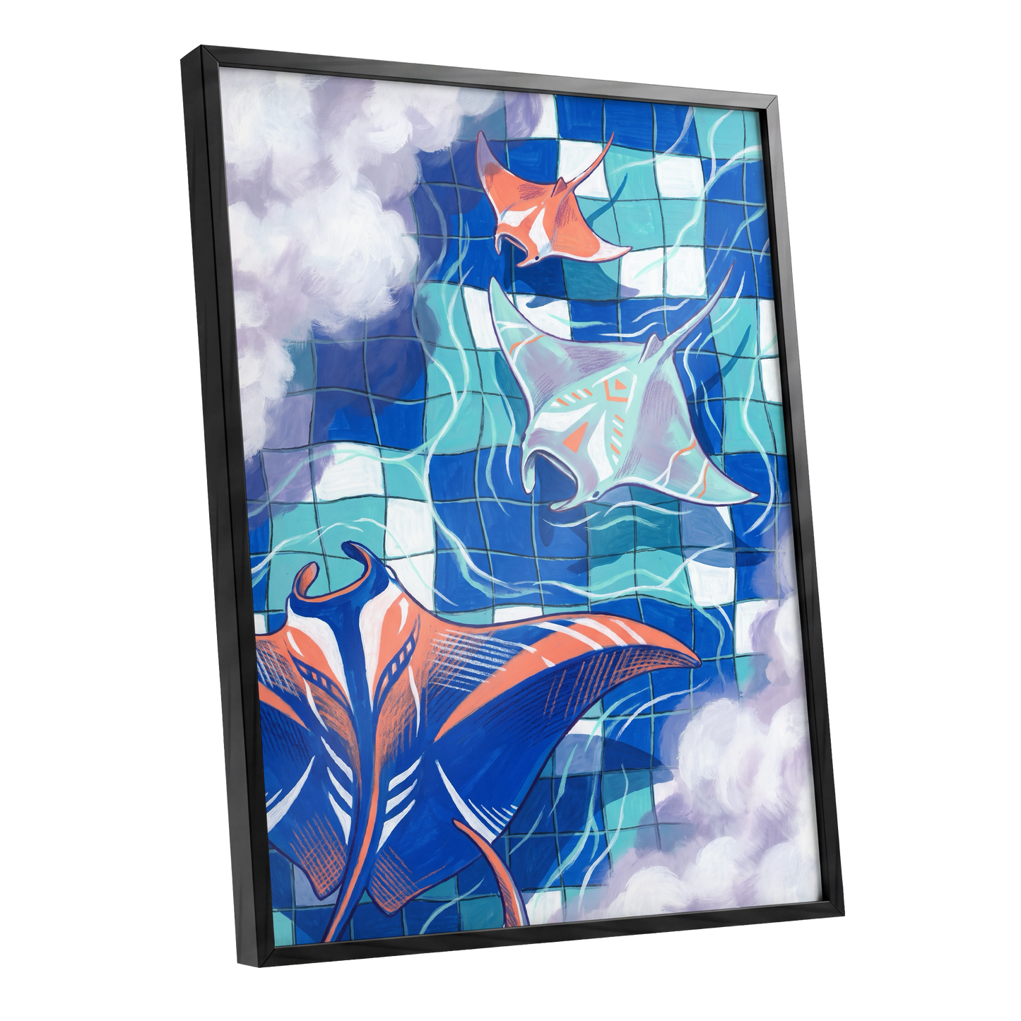 Manta Mosaic, blue, green, orange nature wall art shown as a black framed poster wall art print