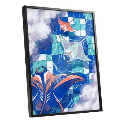 Manta Mosaic, blue, green, orange nature wall art shown as a black framed poster wall art print